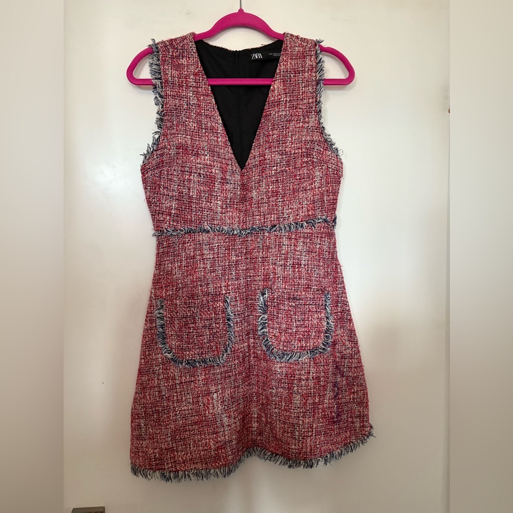 Zara Size Small Navy and Red Tweed Dress with Fringe